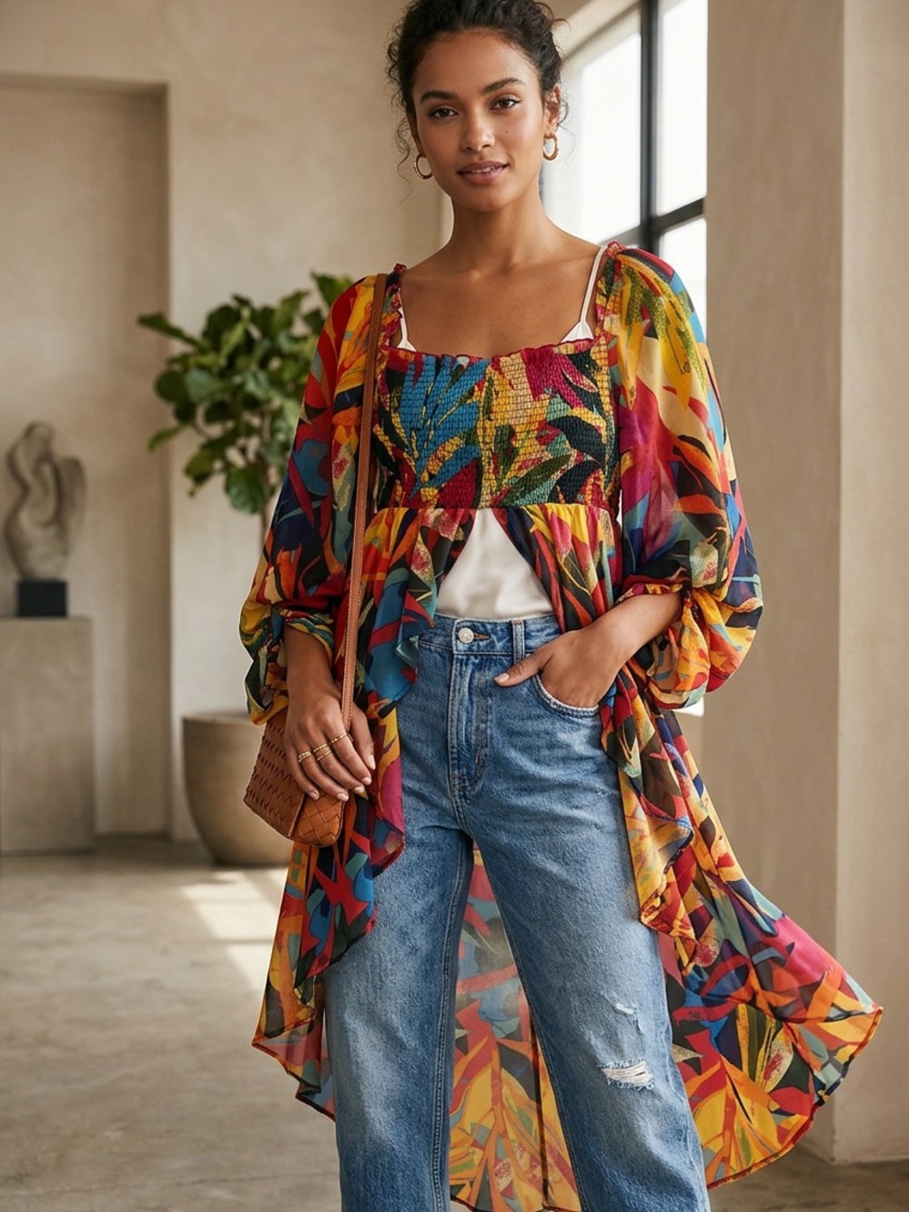 Vtg Live 4 Truth Kimono Women Large Tropical High Low Vibrant Floral Smocked Top